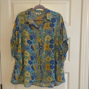 Umgee Blue and Yellow Bubble Sleeve Shirt